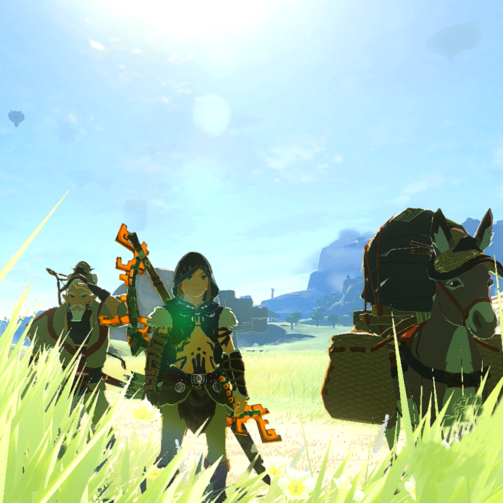Zelda BOTW Link mit Esel hält Ausschau nach Impa 